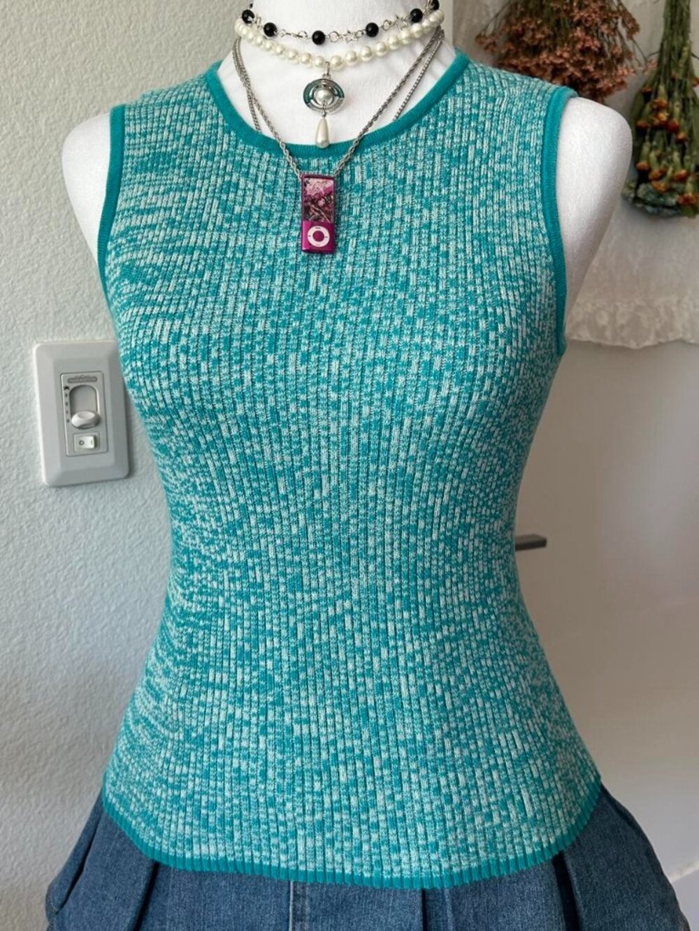 Y2K Express Blue and White Speckled Ribbed Tank Top